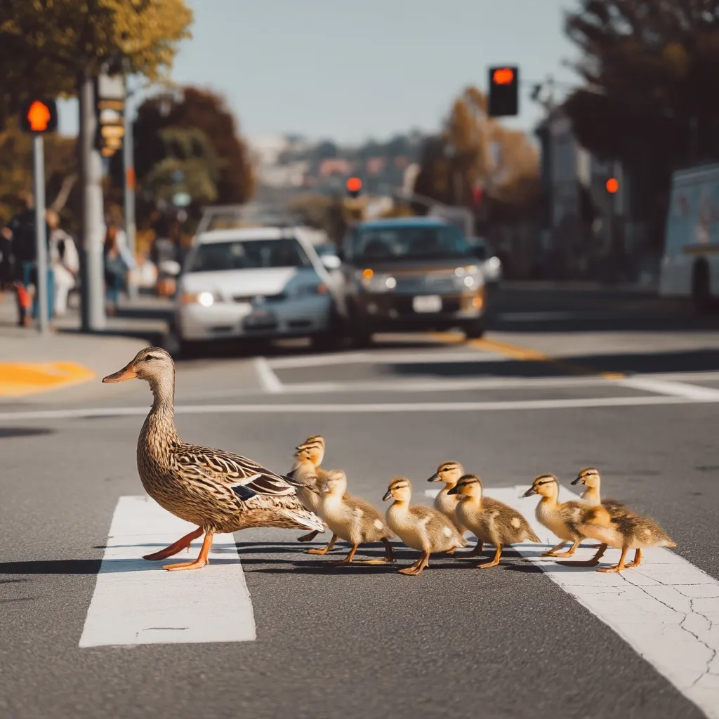 A mother duck leads her ducklings across a city street.  The ducklings follow closely behind their mother in a single file line.  Cars are blurred in the background, suggesting a busy urban setting. The scene depicts a heartwarming moment of nature amidst city life. The crosswalk provides a safe passage for the ducks.