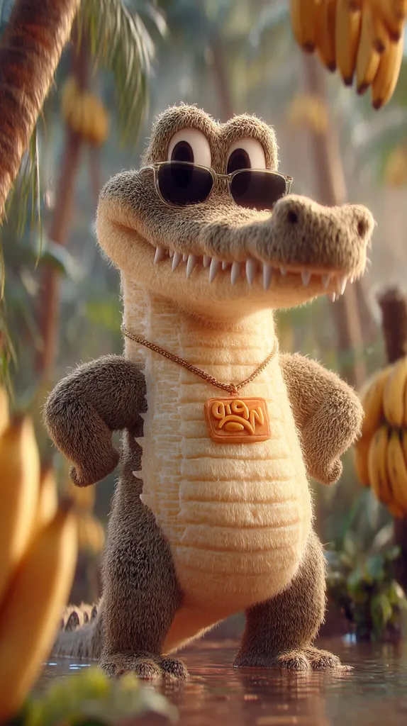A cute, cartoon crocodile stands in shallow water, wearing sunglasses and a gold necklace with a biscuit-shaped pendant.  The crocodile has fluffy fur, and its expression is subtly smug.  Bananas hang from palm trees in the background, creating a tropical setting. The overall style is playful and whimsical, evoking a sense of childlike fun.
