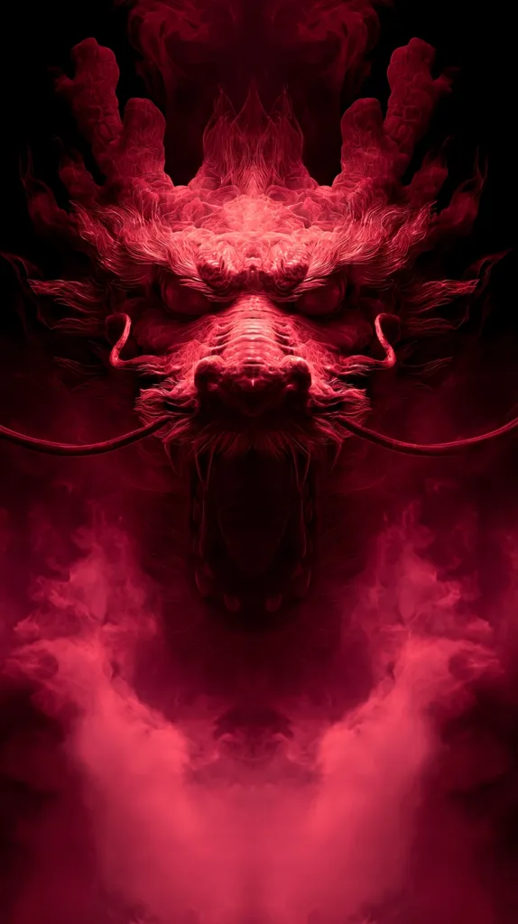 A dramatic close-up of a crimson dragon's head, rendered in a style that blends realism with fantasy.  The dragon's features are sharply defined, its expression fierce, with swirling, smoke-like textures adding to the ethereal and powerful atmosphere. The deep red tones and dark background create a sense of mystery and menace. The image is almost symmetrical, emphasizing the dragon's imposing presence.