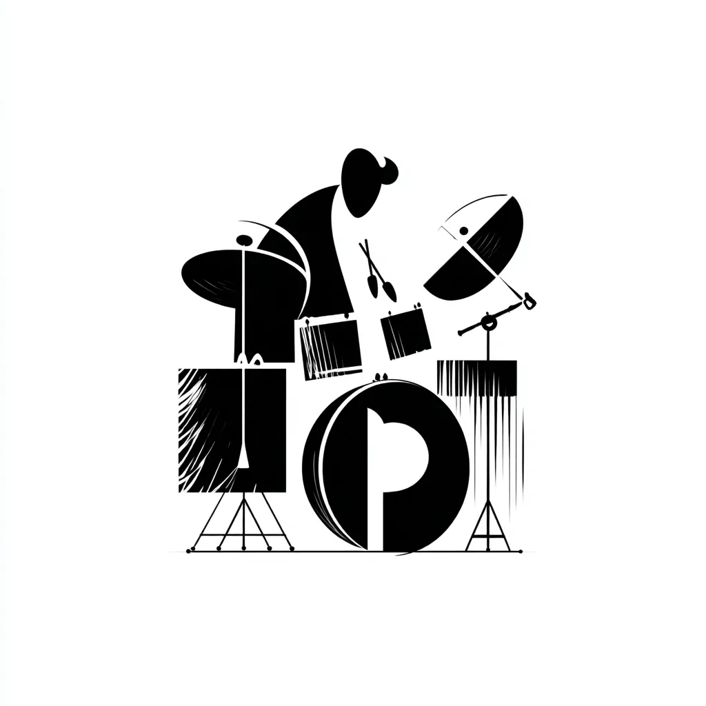 A stylized black and white illustration depicts a drummer behind a drum kit.  The image uses bold, simplified shapes to represent the drums, cymbals, and the drummer's figure. The style is abstract and graphic, emphasizing the musical elements rather than realistic detail.  The drummer appears slightly hunched over the drums, focused on playing.