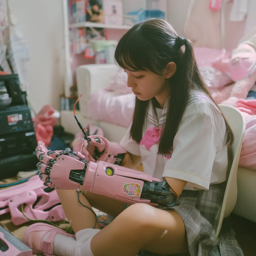 A young Asian woman with dark hair in pigtails sits cross-legged on the floor in a cluttered room. She wears a school uniform with a grey plaid skirt and white top adorned with a pink bow. In her lap, she holds a futuristic, pink robotic arm, meticulously working on wiring or components. The surrounding space is filled with pink items and electronics, suggesting a blend of girlish aesthetics and technological hobbies. The overall scene evokes a sense of quiet concentration and the blending of traditional and futuristic elements.