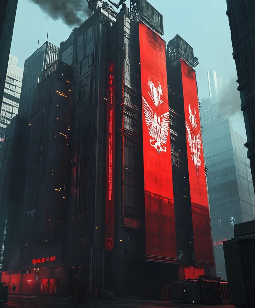 A towering, dark futuristic building dominates the scene, its exterior a stark contrast of black metal and red banners.  The banners display a stylized white emblem, possibly a heraldic symbol, suggesting corporate or national identity.  The building's architecture is angular and imposing, reflecting a dystopian or cyberpunk aesthetic.  The surrounding city scape is similarly bleak and industrial, enhancing the overall atmosphere of urban decay and technological advancement.