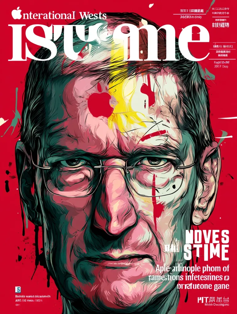 This is a stylized portrait of Steve Jobs for the cover of *Issues* magazine.  The illustration is bold and graphic, with a vibrant red background and splashes of yellow and red across Jobs' face, incorporating the Apple logo.  The text overlays the image, announcing "MOVES THE TIME" and hinting at Apple's impact and influence. The overall aesthetic is striking and modern.