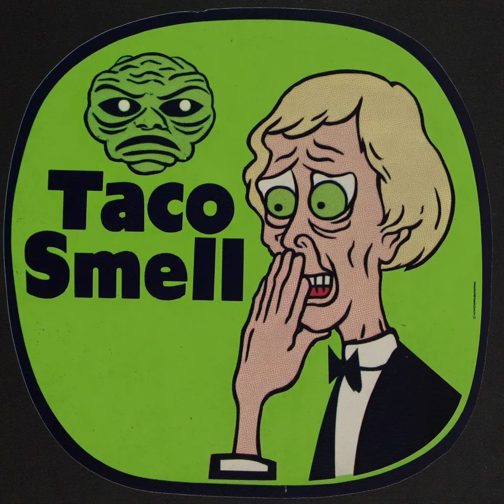 A lime green sticker features a cartoon man in a tuxedo, his hand covering his nose in disgust.  Above him, the words "Taco Smell" are boldly displayed. A small, grumpy-looking green alien face is positioned in the upper left corner, adding to the quirky, humorous design.  The overall style is reminiscent of vintage cartoons.