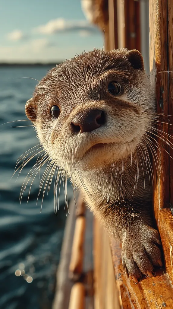 A curious otter peeks from a wooden window frame of a boat, its dark eyes wide and expressive.  The otter's fur is wet and glistening in the sunlight.  The background is a blurred scene of calm water, reflecting the bright sky.  The otter's whiskers are prominently displayed, adding to its charming appearance.  The overall image evokes a sense of peace and wonder.