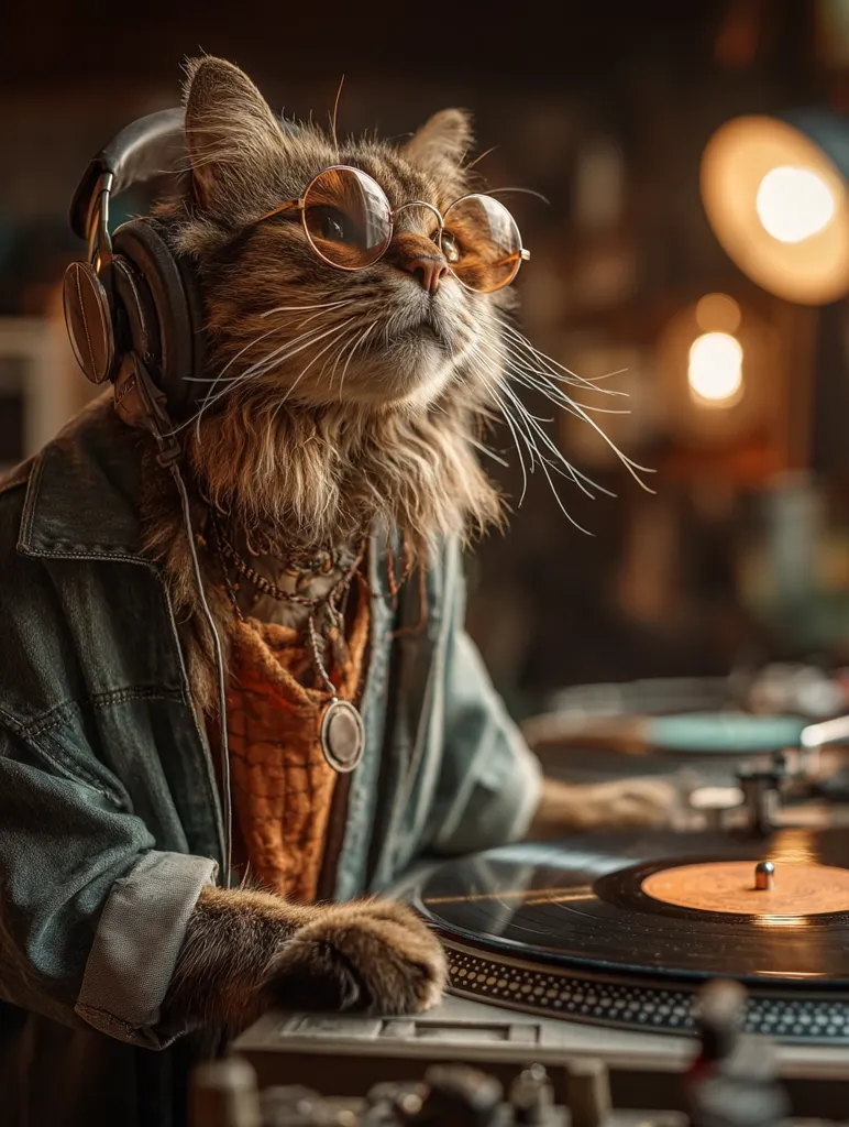 A fluffy brown cat, wearing round sunglasses and a denim jacket, sits at a turntable.  Oversized headphones rest on its ears. The cat appears to be a DJ, its paws gently resting on the record player in a dimly lit, cozy setting.  A bohemian necklace adds to its stylish look. The overall mood is one of relaxed coolness.