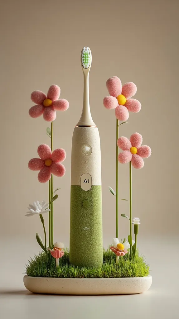 A modern electric toothbrush stands amidst a miniature garden.  The toothbrush is cream and green, nestled in a bed of artificial grass, surrounded by small pink and white felt flowers.  The scene is set against a neutral beige background, creating a clean and aesthetically pleasing image. The toothbrush features a small "AI" symbol.