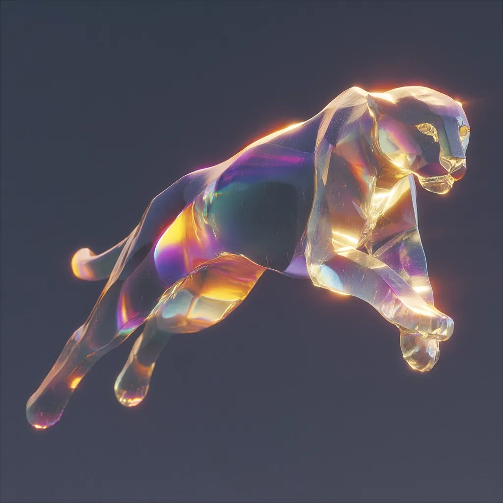A translucent, iridescent sculpture of a leaping jaguar is showcased against a dark background.  The artwork's multifaceted surfaces refract light, creating a spectrum of warm and cool colors. The jaguar's form is stylized, with a focus on sleek lines and dynamic movement.  The overall effect is one of elegant power and ethereal beauty.