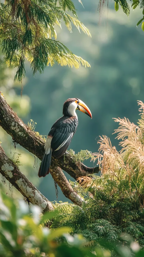 A vibrant toucan perches serenely on a moss-covered branch, its striking plumage a stark contrast to the lush green foliage.  Sunlight filters through the canopy, illuminating the bird's bright beak and the intricate details of the surrounding rainforest. The scene evokes a sense of tranquility and the beauty of the natural world.