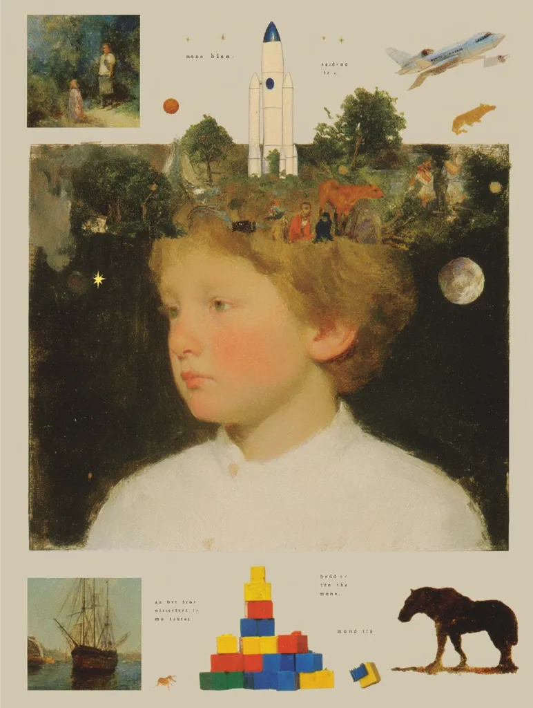 A young child's portrait is the central focus, overlaid with surreal elements.  A rocket, airplane, and moon are juxtaposed with pastoral scenes within the child's imagined landscape.  Small paintings, a stack of colorful blocks, and a horse are included in the collage-like artwork, creating a dreamy, whimsical atmosphere.  The overall style blends classical painting with contemporary collage techniques.