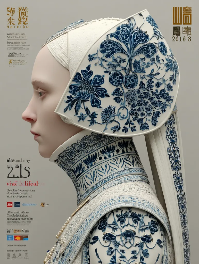 A close-up shot reveals a sculpted figure, possibly a woman, adorned in a striking headdress and garment. The attire is predominantly white, embellished with intricate blue floral patterns reminiscent of porcelain or Delftware. The style seems inspired by historical European fashion, specifically the Dutch Golden Age. The image is clean, minimalist, and features text suggesting an art exhibition or presentation.