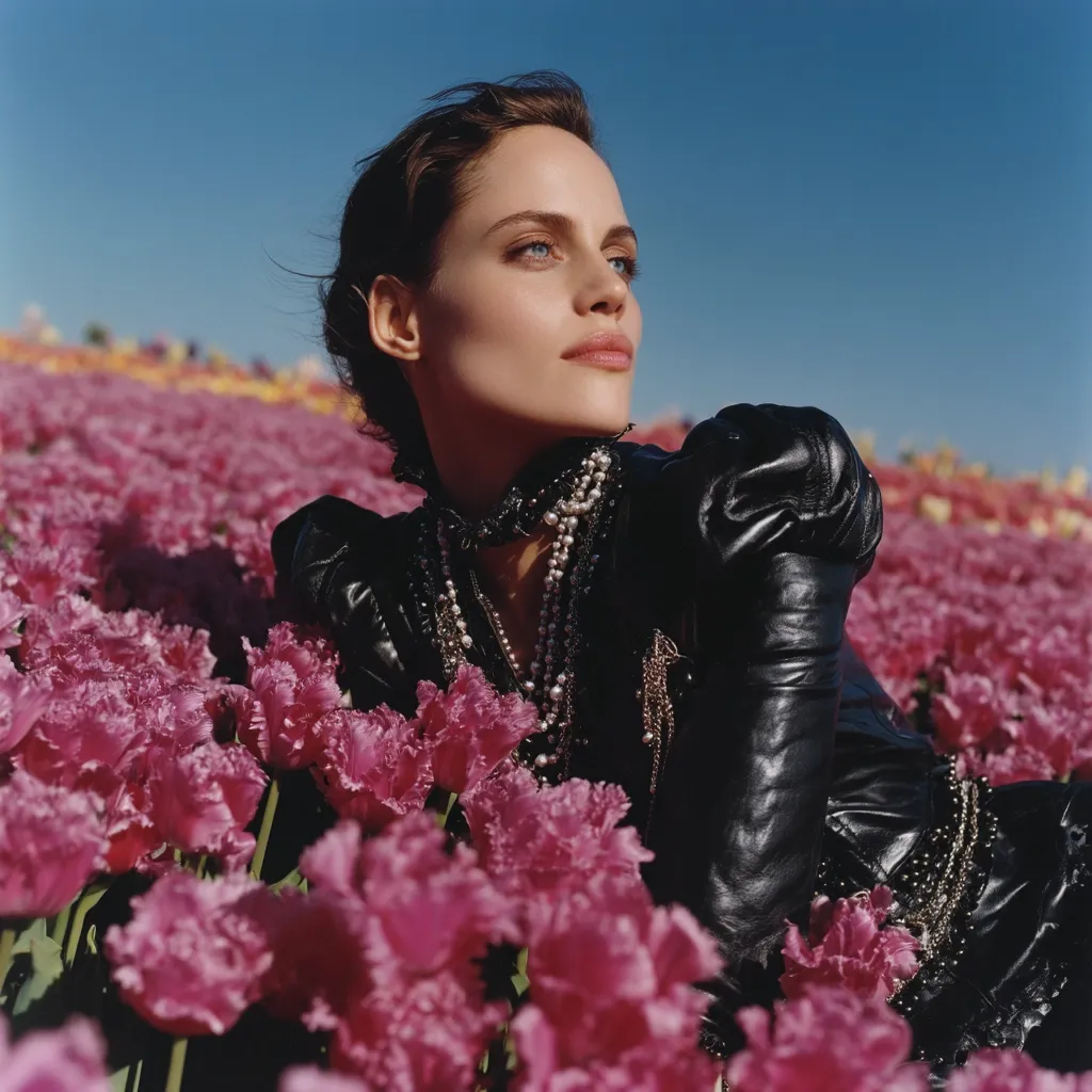 A woman with dark hair, wearing a black leather jacket and pearl necklaces, reclines amidst a vibrant field of pink tulips.  The sun illuminates her face, highlighting her features.  Her expression is serene, gazing upward. The contrast between the dark leather and the bright flowers creates a striking visual. The image evokes a sense of beauty and tranquility.