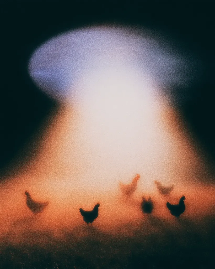 Silhouetted chickens stand in a hazy, orange-toned field, bathed in the soft, diffused light emanating from a bright, ovular shape above. The light source, reminiscent of a UFO or spotlight, dominates the upper half of the image, creating a surreal and dreamlike atmosphere. The chickens are subtly detailed against the glowing background. The overall effect is mysterious and slightly unsettling.