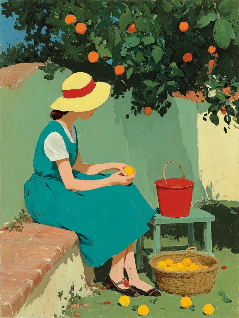 A young woman in a teal dress and straw hat sits beneath an orange tree, gently holding an orange.  She's seated on a low brick wall, a red bucket and a basket of oranges nearby on a small green stool. The scene is painted in a vibrant, stylized manner, with bold colors and simplified forms, evocative of a sunny Mediterranean setting.  Fallen oranges scatter on the grass around her feet.