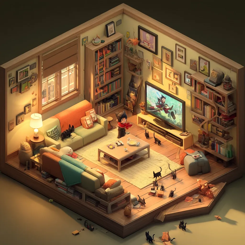 A cozy isometric illustration depicts a living room filled with bookshelves, framed pictures, and numerous black cats.  A young person in a red scarf sits near a coffee table, watching a cartoon on a flat-screen TV. Soft lighting illuminates the warm-toned room, creating a peaceful and inviting atmosphere.  The room's cluttered yet comfortable style is emphasized by various objects scattered on the floor and shelves.