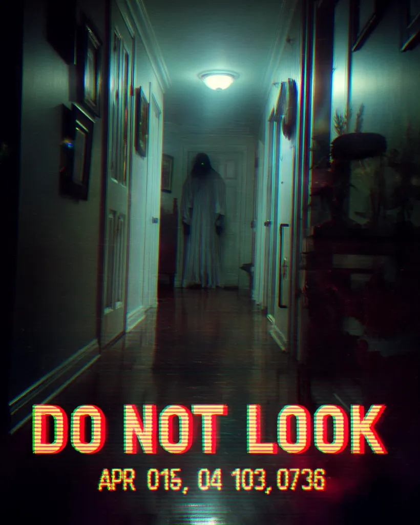 A grainy, dimly lit hallway is shown with a ghostly figure standing in the distance. The figure appears to be wearing a white robe and its face is obscured.  The walls are lined with framed pictures. At the bottom of the image, the text "DO NOT LOOK" appears in a retro, pixelated style, followed by a timestamp. The overall atmosphere is eerie and unsettling.