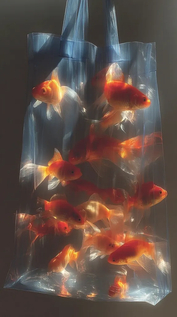 A transparent blue plastic tote bag holds numerous goldfish.  The bag is partially filled with water, and the vibrant orange fish swim within, their scales shimmering in the light. The scene is surreal and aesthetically pleasing, showcasing the contrast between the plastic bag and the living creatures inside. The lighting creates a dramatic effect, highlighting the fish and the bag's texture.