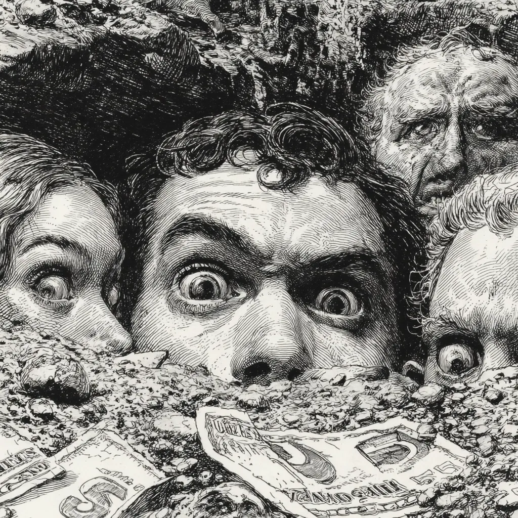 A dramatic black and white illustration depicts several faces peering from a hole in the ground, eyes wide with alarm.  Their expressions are filled with fear and surprise.  Scattered around them are crumpled dollar bills, suggesting a hidden treasure or a desperate situation involving money. The detailed etching style creates a sense of suspense and unease.