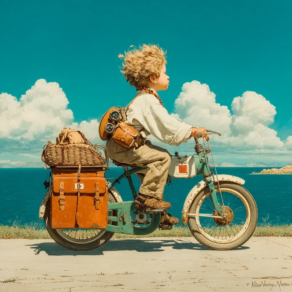 A young boy with windblown hair rides a vintage bicycle along a coastal road.  He's laden with luggage; a wicker basket, leather satchel, and a large trunk strapped to the rear.  The turquoise sea and fluffy white clouds form a picturesque backdrop.  The overall style is reminiscent of vintage travel posters or children's book illustrations.  The scene evokes a sense of adventure and carefree childhood.