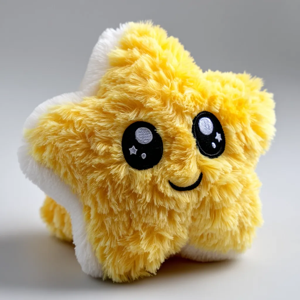 A cheerful yellow plush star toy sits on a light gray background.  Its fluffy texture is highlighted by large, expressive eyes and a smiling mouth embroidered onto its face.  The star has a slightly off-white backing visible at its points, enhancing its playful design. The toy's soft appearance suggests it's intended for cuddling or as a child's toy.