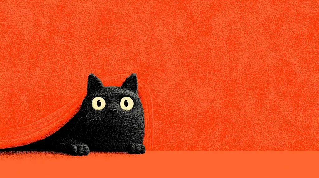 A black cat with large, round eyes peeks out from under a vibrant orange blanket.  The cat's fluffy fur contrasts against the bright, textured background. The scene is simple yet striking, with the cat's curious expression creating a playful and slightly spooky mood, suggestive of Halloween.  The orange backdrop dominates the image, leaving ample space around the cat.