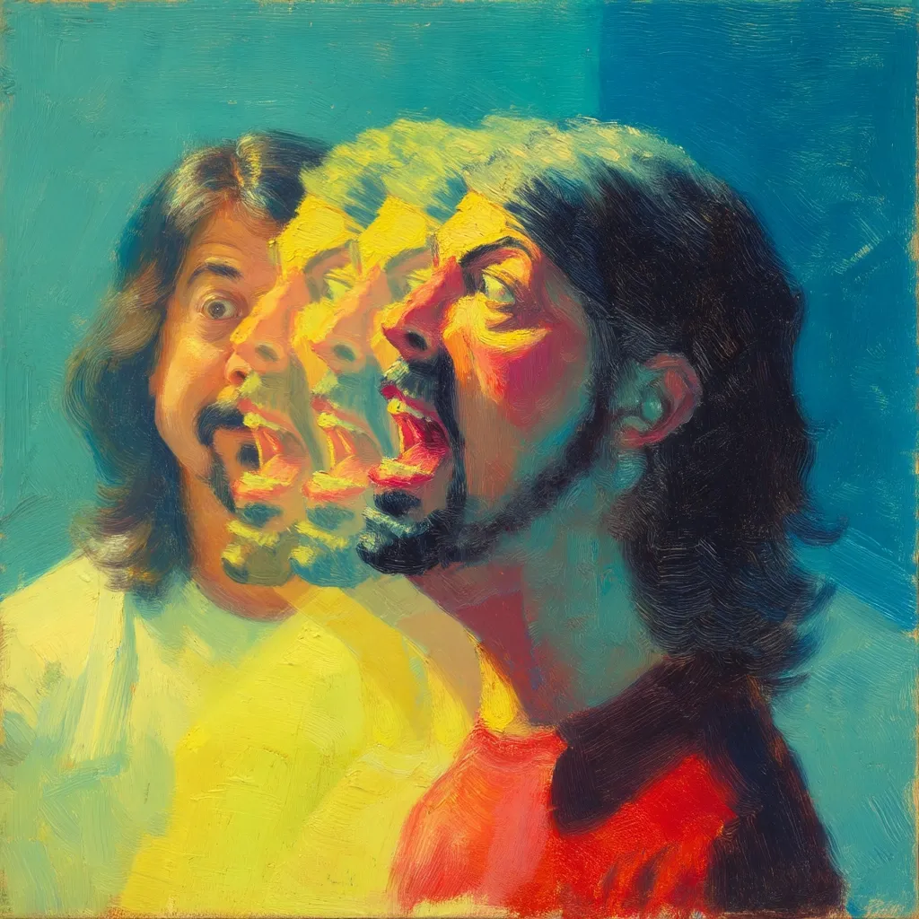 A vibrant oil painting depicts a stylized self-portrait. The artist, with long dark hair, is rendered in a triptych-like effect, with three slightly overlapping versions of his face, each mouth open in a yell.  The color palette is bold, using bright blues, yellows, and reds, creating a sense of energy and intensity. The painting’s impasto style adds texture and depth.