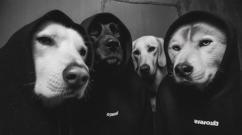 Four dogs, a husky, a white dog, a Labrador, and a black dog, are wearing black hoodies. The photo is in black and white, creating a moody and stylish aesthetic.  The dogs are positioned closely together, their expressions serious and slightly mysterious.  The hoodies have small, barely visible logos.