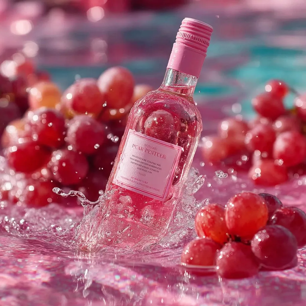 A bottle of pink wine, labeled "Picar Pentiere," splashes into a pool of water surrounded by red grapes.  The pink liquid is clear and vibrant, reflecting the sunlight.  The overall aesthetic is bright, summery, and luxurious, emphasizing the wine's refreshing qualities. The scene is visually appealing with a focus on the pink tones and the lively water droplets.