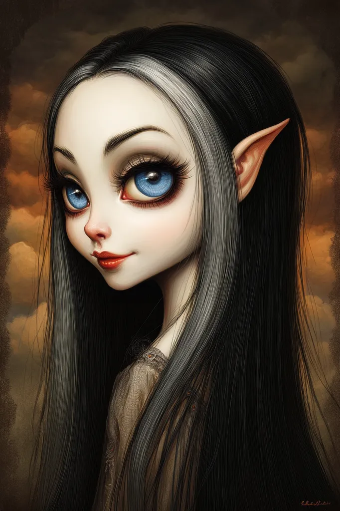 A digital painting of a young elf woman with striking features.  Her large, expressive blue eyes and pointed ears are prominent against her pale skin and long, dark hair.  She wears a simple, brown dress. The background is a moody, cloudy sunset. The style is reminiscent of fantasy art with a touch of gothic influence.
