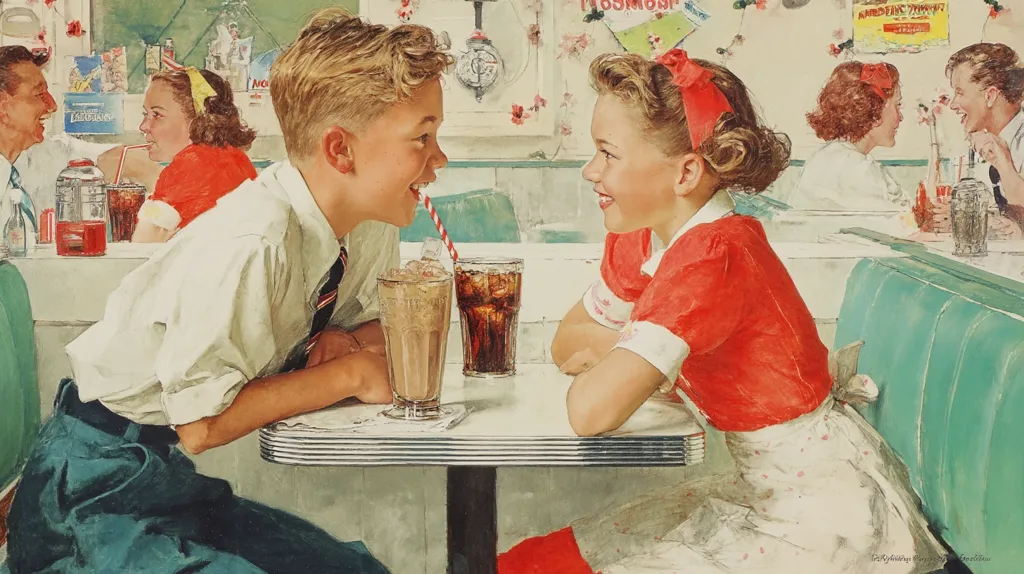 A vintage illustration depicts a young couple on a date at a soda fountain.  They share a table, enjoying milkshakes and soda.  The boy wears a crisp shirt and tie, the girl a red top and white skirt.  The scene is filled with the vibrant colors and atmosphere of a 1950s diner, with other patrons visible in the background.  The painting exudes nostalgia and a sense of innocent romance.