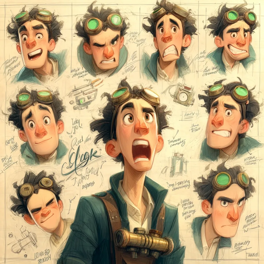 A character design sheet showcases a young, inventive man with goggles and steampunk attire.  Multiple expressions are depicted, ranging from happy to surprised and angry.  The sketches are surrounded by notes and design elements, suggesting a character development process for an animated film or game.  The style is painterly and expressive, with a focus on capturing personality through facial features.