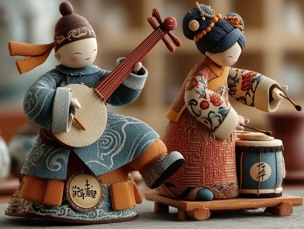 Two charming handcrafted figurines depict a boy playing a pipa (a Chinese lute) and a girl playing a small drum.  They are dressed in traditional Chinese clothing with intricate details.  The figures are crafted with a textured, almost felt-like material, giving them a unique appearance. The scene conveys a sense of traditional Chinese music and artistry.