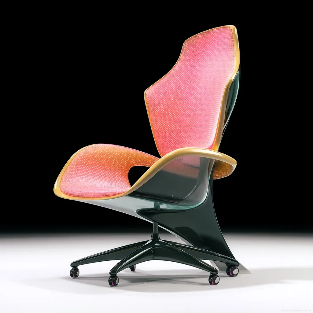 A modern, stylish chair with a pink, textured seat and a sleek, dark base. The chair's design is futuristic, with organic curves and a unique silhouette.  The seat appears upholstered in a breathable, possibly mesh-like material. The base features a swivel mechanism and small caster wheels.  The chair's overall aesthetic blends comfort with contemporary design.