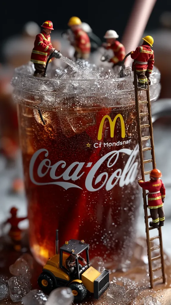Miniature firefighters battle a fizzy Coca-Cola beverage in a McDonald's cup.  One firefighter ascends a ladder, while others spray water onto the overflowing drink, surrounded by ice cubes. A miniature bulldozer sits at the base of the cup, adding to the whimsical scene.  The image cleverly combines playful miniature figures with real-life branding.