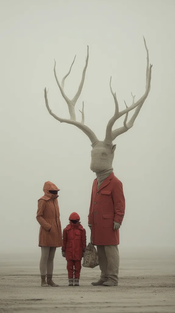 A family stands in a misty landscape before a large figure with enormous antlers.  The figure's face is obscured by a textured covering, and it wears a red coat. The family, also in red and orange coats, appears small in comparison.  The overall mood is surreal and slightly ominous, suggesting a sense of isolation or mystery. The image's muted color palette enhances the desolate atmosphere.