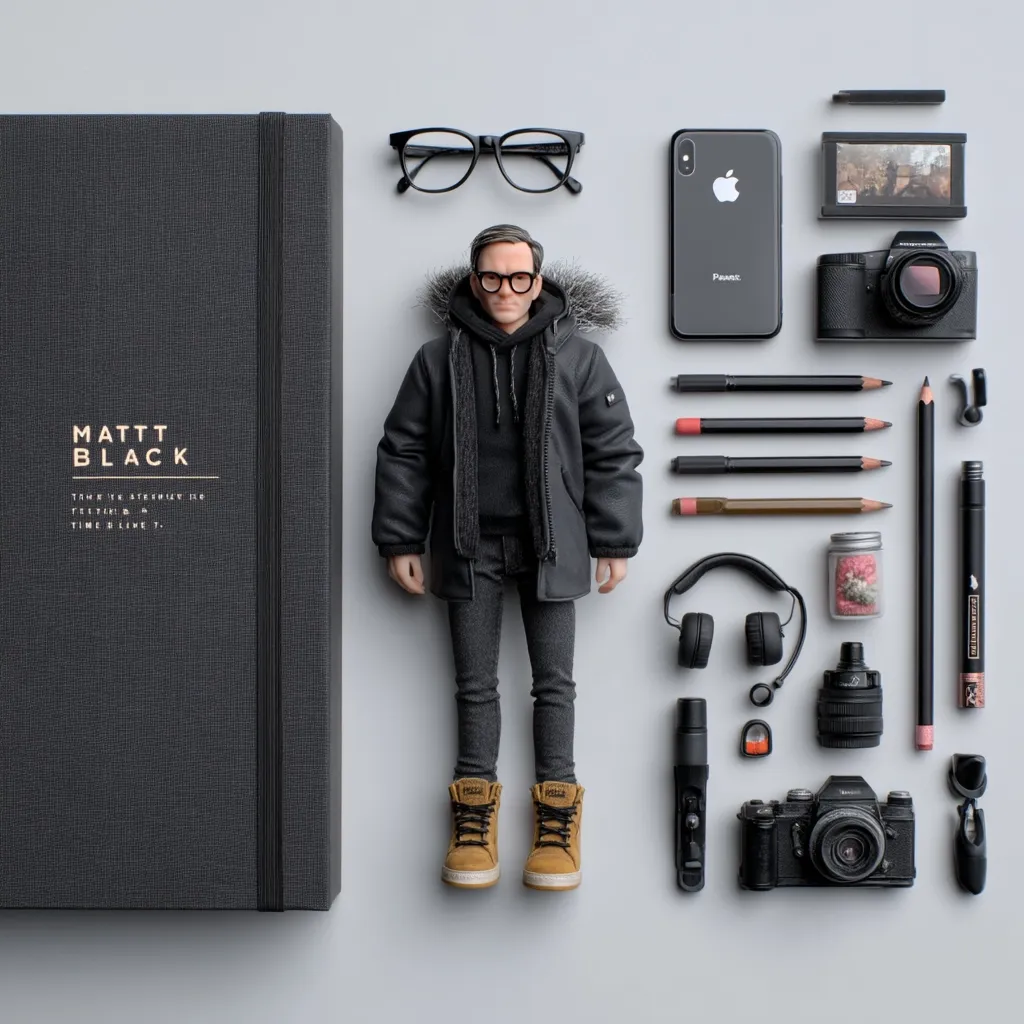 A flat lay showcasing a meticulously arranged collection of items on a light gray surface.  A dark gray notebook, eyeglasses, an iPhone, two cameras, pencils, headphones, and a small figurine of a man in a black jacket and boots are centrally positioned.  The overall aesthetic is minimalist and monochromatic with pops of muted gold and brown accents. The scene suggests a creative professional's workspace or a curated lifestyle image.