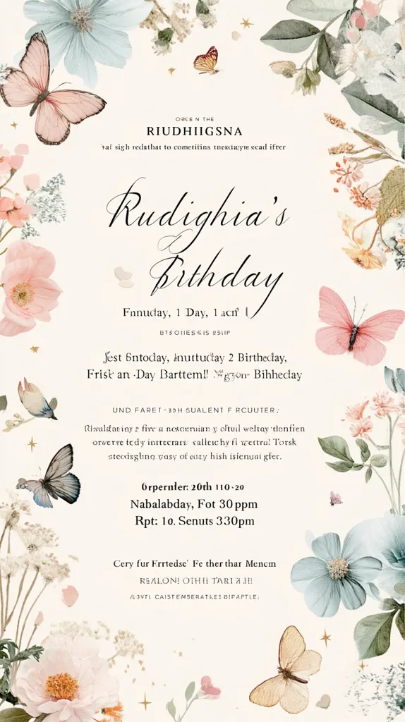 This is an invitation to Rudighia's birthday party.  The party will be held on the 20th, starting at 11:00 am and ending at 3:30 pm.  There will be food and drinks.  The location and RSVP details are included in the invitation, which features a floral design with butterflies. The invitation is written in a stylized font and includes some words in a seemingly invented language.