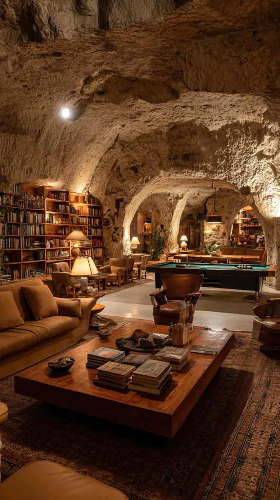 A cavernous room, illuminated by warm lighting, features a large wooden coffee table laden with books.  A pool table sits centrally, flanked by comfortable leather armchairs.  Bookshelves overflowing with volumes line one wall, creating a cozy, library-like atmosphere within the unique, naturally carved stone space.  The overall ambiance is one of relaxed sophistication and quiet comfort.