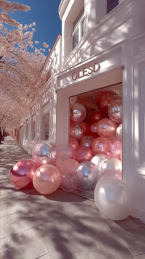 A charming storefront, named "OLESD," is adorned with numerous rose-gold and pearl-white balloons spilling out from the entrance.  The building is a pristine white, contrasted by a blossoming cherry tree lining the street.  Sunlight casts dappled shadows on the pavement, creating a serene and elegant atmosphere. The scene is aesthetically pleasing, suggestive of a boutique or luxury brand.