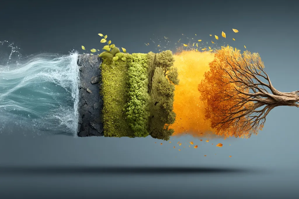 A stylized image depicts the cycle of seasons.  A horizontal section shows transitions from winter's rocky ground and flowing water to spring's budding greenery, summer's lush foliage, and autumn's vibrant fall leaves.  A large tree branches out from the autumn section, symbolizing the continuous cycle of nature. The overall effect is a dynamic and artistic representation of time and the natural world.