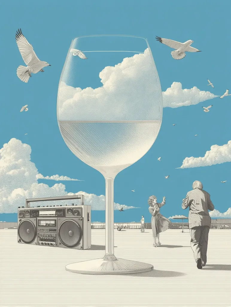 A large wine glass dominates the foreground, its bowl filled with a sky mirrored with fluffy clouds.  Seagulls fly around the glass, which sits on a rooftop scene.  A boombox sits to the left, and a couple dances in the background, their movements suggesting a carefree atmosphere. The style is detailed and reminiscent of pen-and-ink illustration.  The overall impression is one of whimsical surrealism.