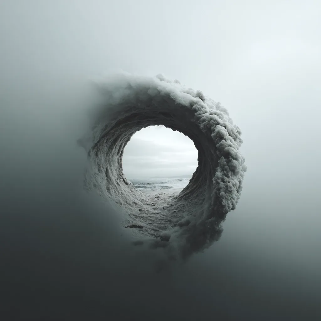 A circular opening, resembling a frozen wave, reveals a glimpse of a calm sea under a muted sky.  The textured, icy surface contrasts with the tranquil ocean beyond.  The overall aesthetic is serene yet mysterious, with a sense of depth and isolation. The image evokes a feeling of contemplation and the vastness of nature.