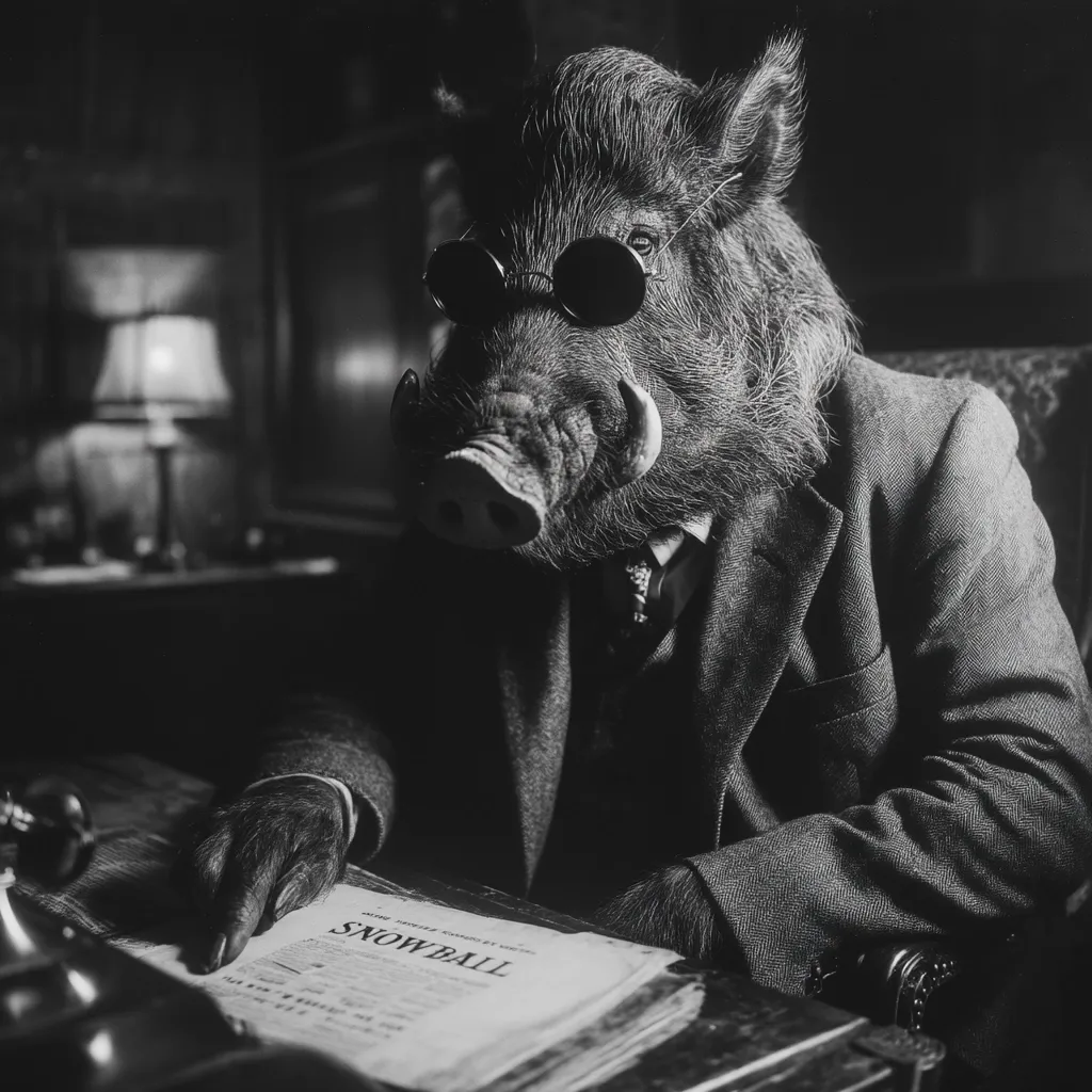 A black and white image shows a boar's head superimposed onto a man in a suit.  The boar wears round sunglasses.  The man sits at a desk, his hands resting on a newspaper with the headline "Snowball."  The scene is dimly lit, creating a moody, mysterious atmosphere reminiscent of a film noir setting.