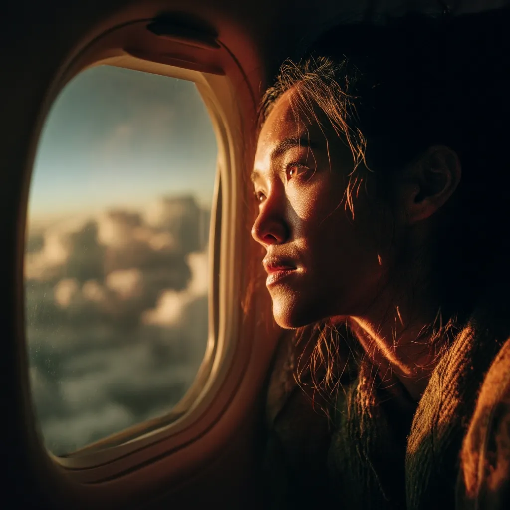 A young woman sits by an airplane window, gazing out at a breathtaking sunset over a sea of clouds.  Golden light illuminates her face in profile, highlighting her thoughtful expression. The warm hues of the sky contrast with the subdued interior of the aircraft, creating a serene and contemplative atmosphere.  Her long hair partially obscures her face, adding to the mysterious mood.