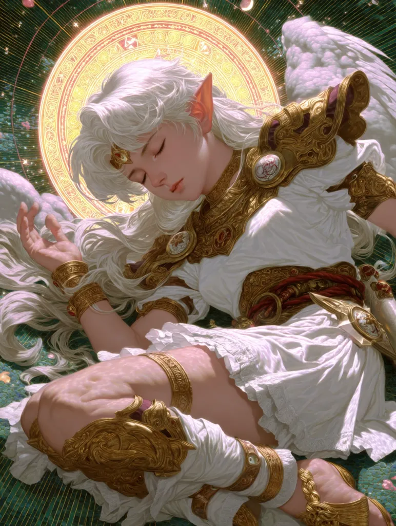 A serene, angelic elf with long, white hair lies peacefully.  Adorned in elaborate gold armor and a flowing white dress, she rests on a mosaic-like surface.  Large, white wings extend behind her, framed by a radiant, golden halo.  Her closed eyes and gentle expression convey a sense of tranquility and divine grace.  The overall style is detailed and painterly, evoking a fantasy or mythological theme.