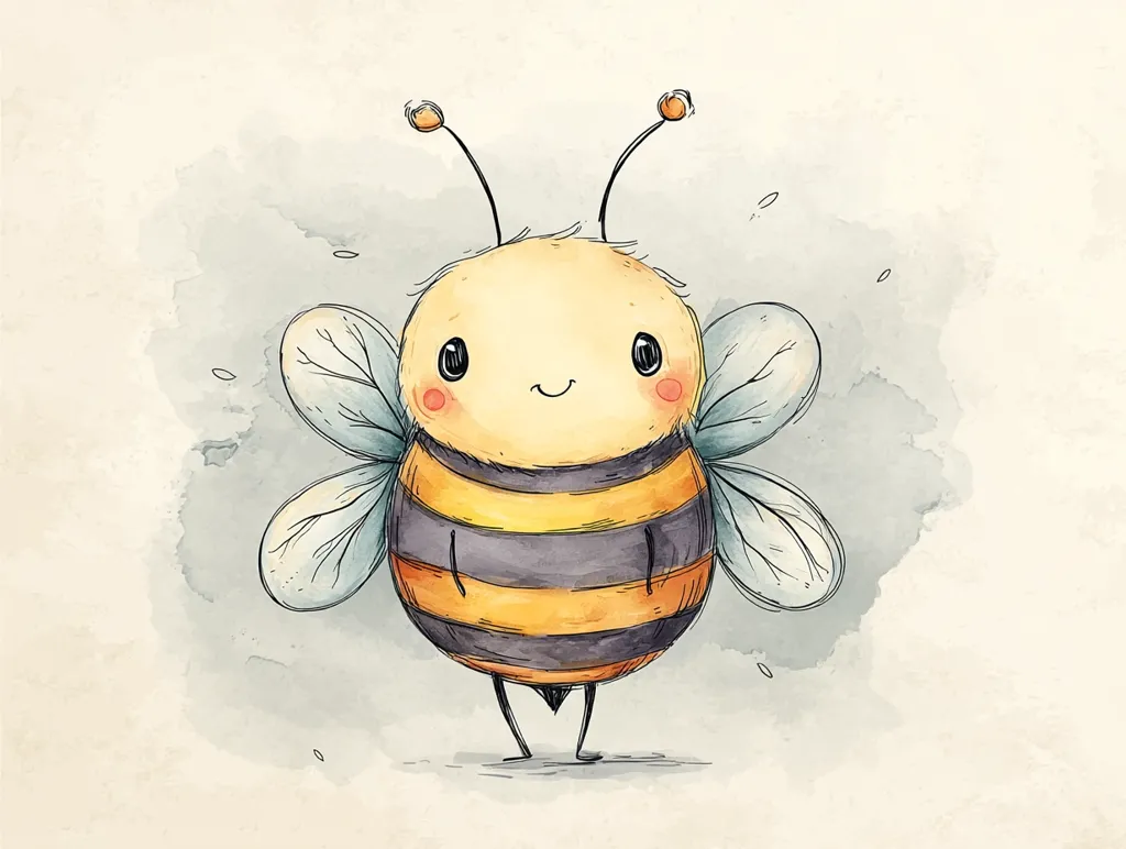 A charming watercolor illustration depicts a cartoon bee.  Its large, round eyes and small, smiling mouth convey a friendly demeanor.  The bee's body is a vibrant yellow and black striped pattern, with delicate, translucent wings.  The artwork is set against a soft, muted background, adding to its overall gentle and appealing aesthetic.  The style is whimsical and childlike.
