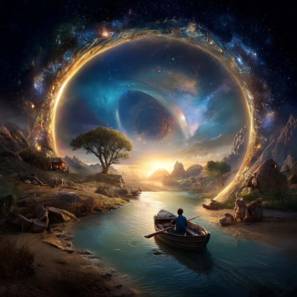 A serene landscape unfolds, a young boy rows a small boat on a tranquil river flowing towards a breathtaking celestial spectacle.  A giant, luminous ring encircles a vibrant nebula and distant planets, casting a warm glow on the idyllic scene.  Small figures are visible on the riverbank near rustic houses, nestled among rolling hills under a star-studded sky. The image evokes a sense of wonder and peaceful exploration in a fantastical world.