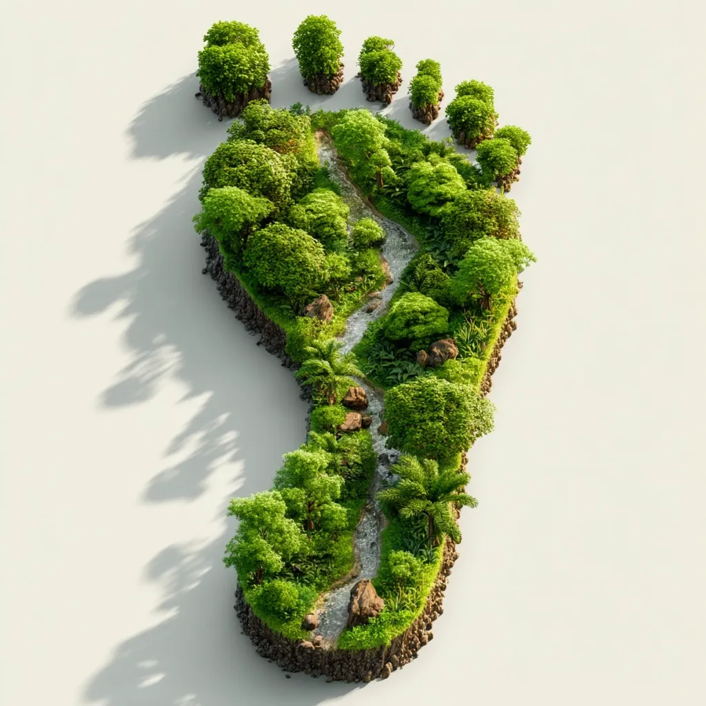 A lush, green landscape shaped like a footprint is depicted against a light beige background.  A small stream meanders through the miniature forest, which features diverse vegetation including trees, shrubs, and palm trees. The image symbolizes a positive environmental impact, where a footprint leaves behind a thriving ecosystem rather than destruction.  The footprint's shadow is subtly cast to the left.