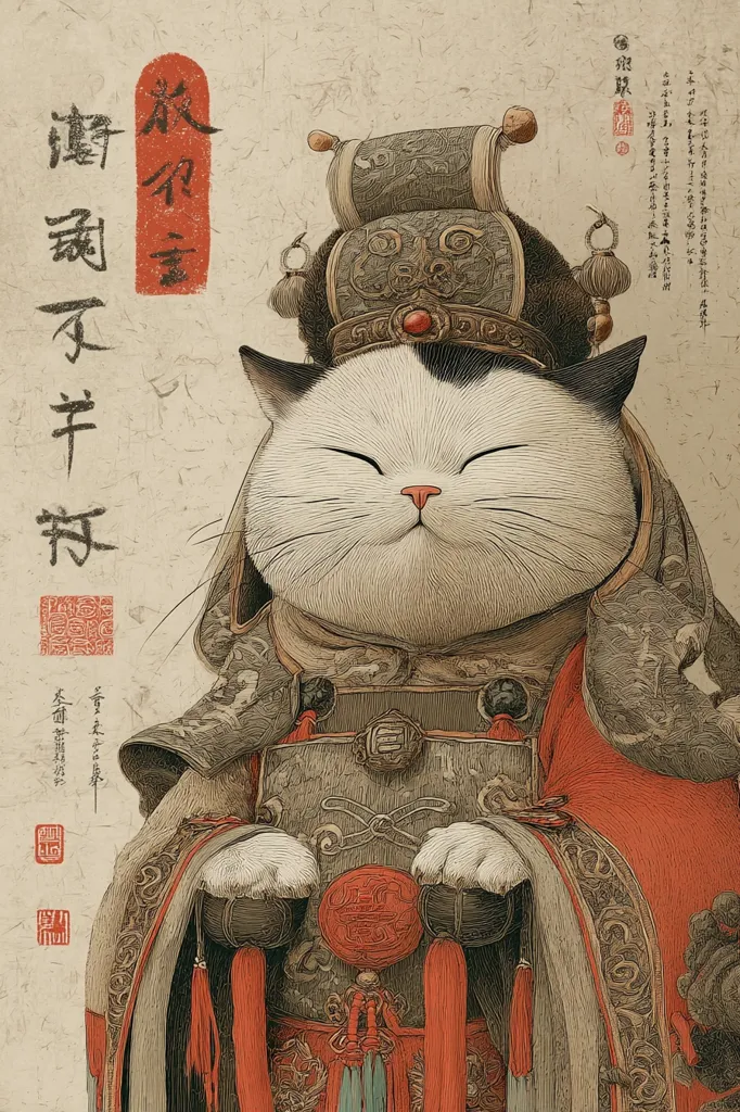 The artwork depicts a plump, serene cat adorned in elaborate, ancient Chinese imperial robes and a majestic headdress.  The cat's expression is peaceful and content. The style is detailed and reminiscent of traditional Chinese painting, with muted colors and intricate textures in the clothing and background.  Chinese calligraphy flanks the image. The overall effect is one of regal humor and artistic skill.