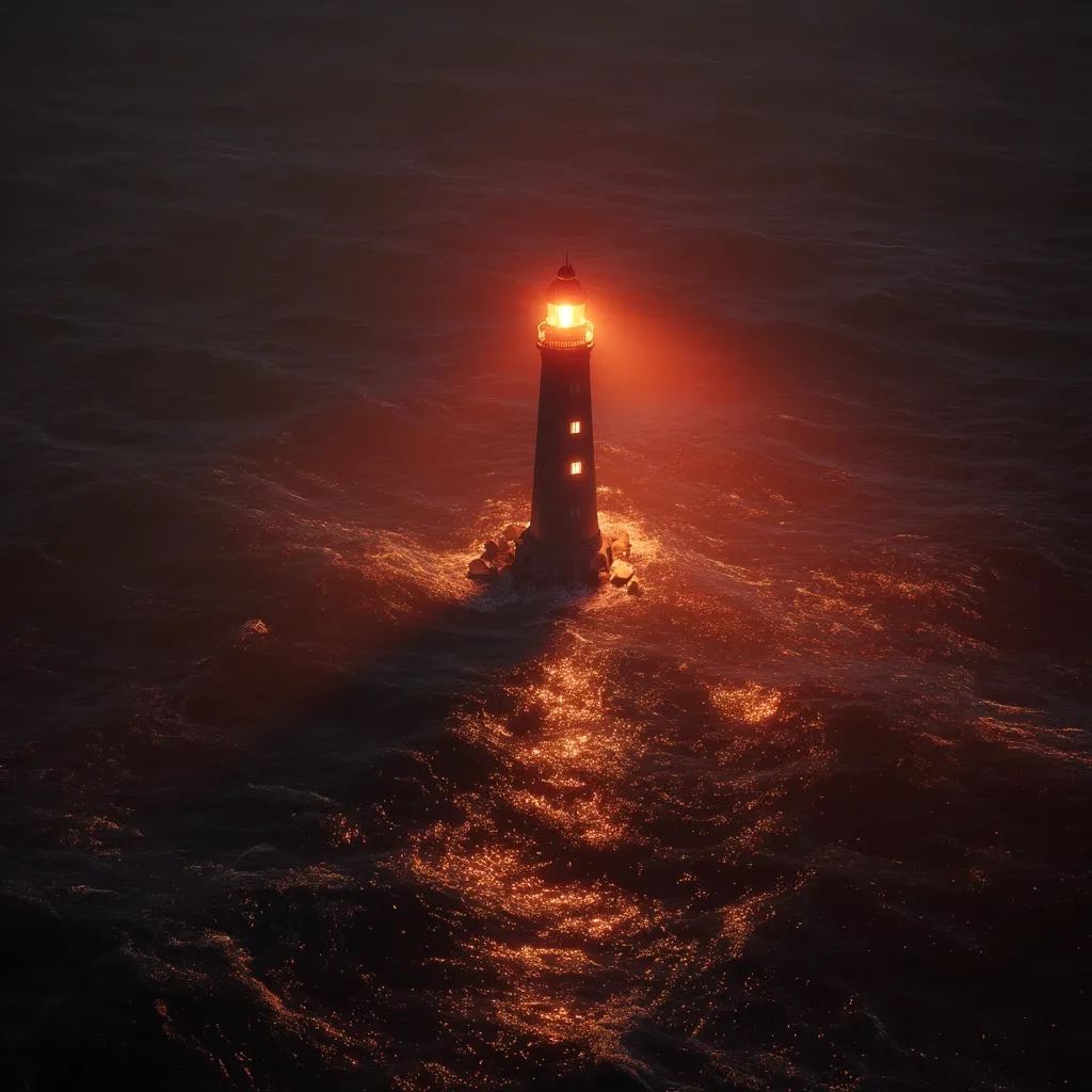 A solitary lighthouse stands tall amidst a turbulent sea, its beacon casting a warm, orange glow across the dark water.  The waves crash around its rocky base, creating a dramatic contrast between the light and the surrounding darkness. The scene evokes a sense of isolation and hope, a symbol of guidance in the vast, unforgiving ocean.